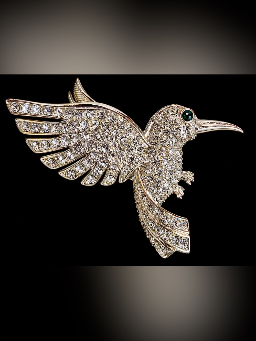 Beautiful crystal sparkling, emerald eyed, hummingbird brooch